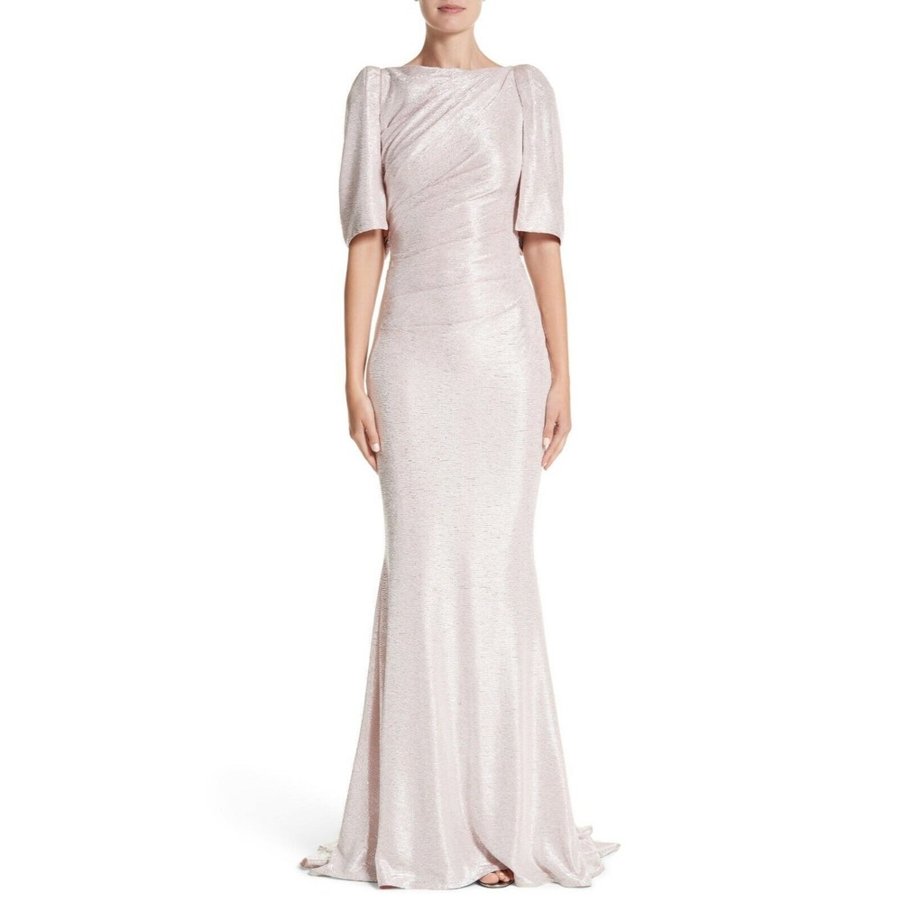 TALBOT RUNHOF Pink Silver Metallic Textured Stretch Cloque Mermaid Gown 12 US 42